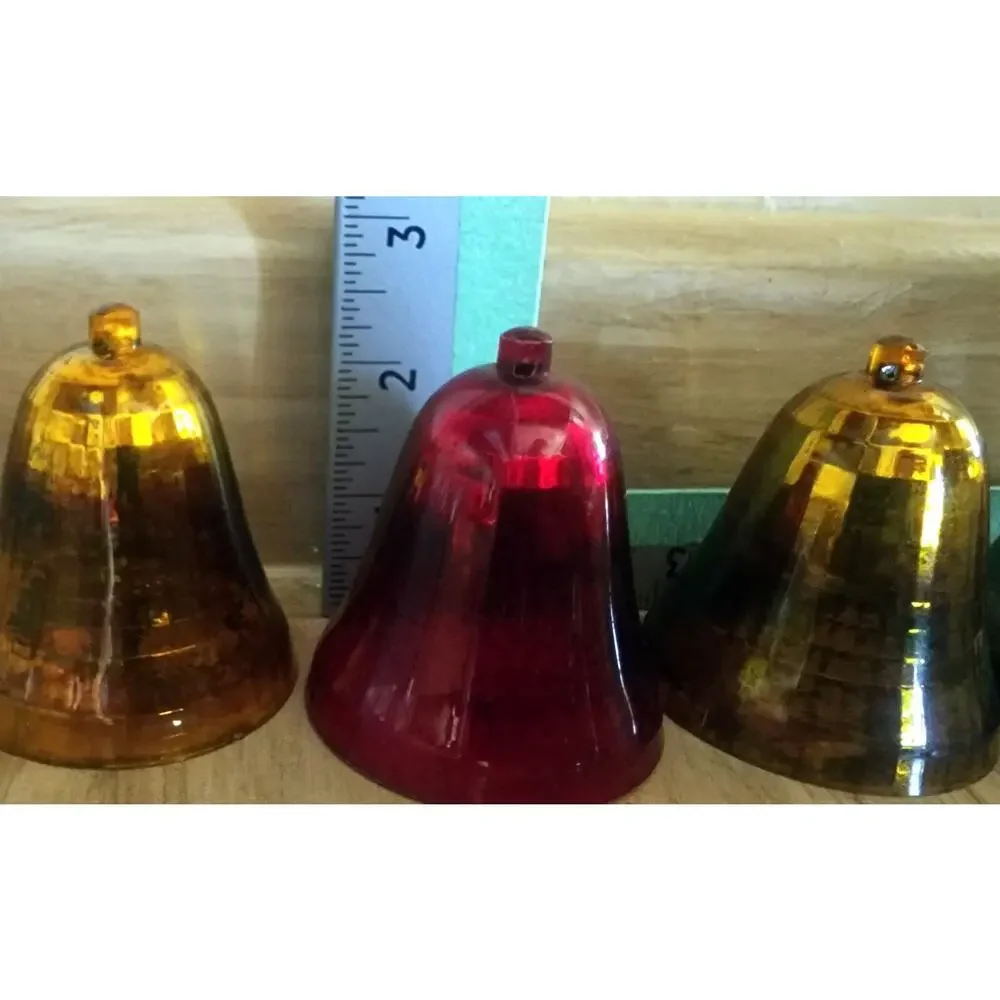 Christmas PLASTIC BELL Ornaments Silver Gold & Red Prism Pattern Lot Of 4